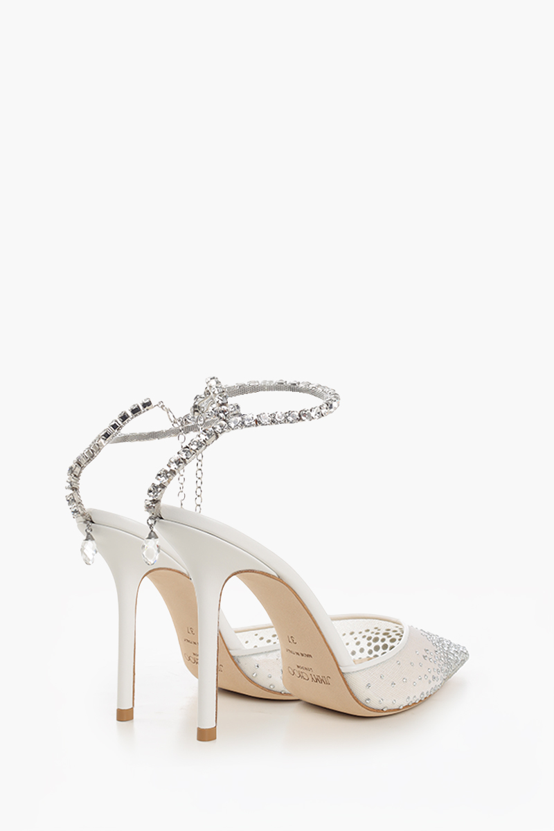 JIMMY CHOO Saeda Ankle Crystal Strap Heels 85mm in White/Crystal Fishnet Adorned with Crystal 1