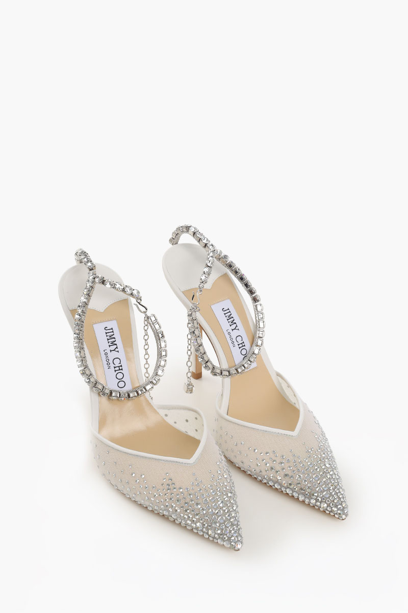 JIMMY CHOO Saeda Ankle Crystal Strap Heels 85mm in White/Crystal Fishnet Adorned with Crystal 2