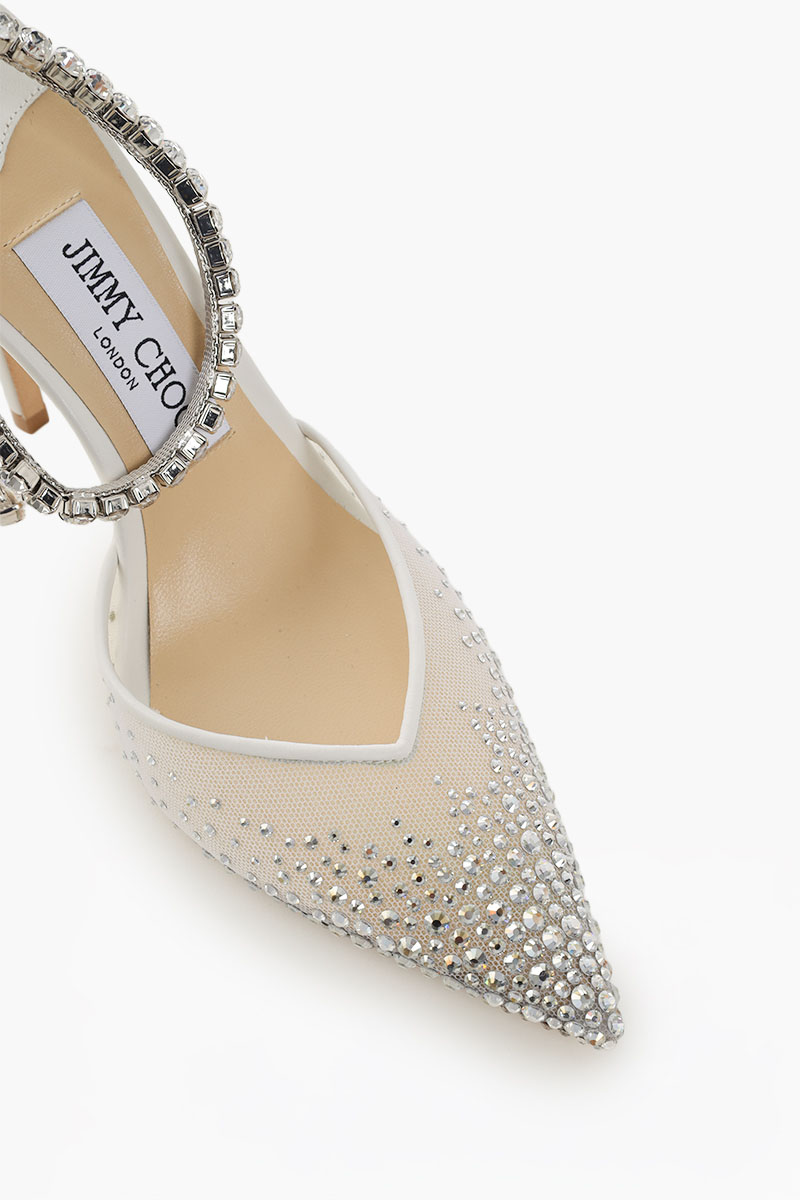 JIMMY CHOO Saeda Ankle Crystal Strap Heels 85mm in White/Crystal Fishnet Adorned with Crystal 3