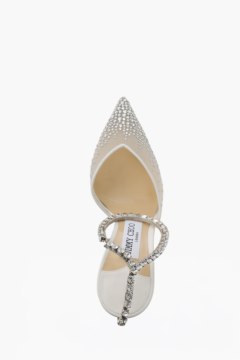JIMMY CHOO Saeda Ankle Crystal Strap Heels 85mm in White/Crystal Fishnet Adorned with Crystal 4