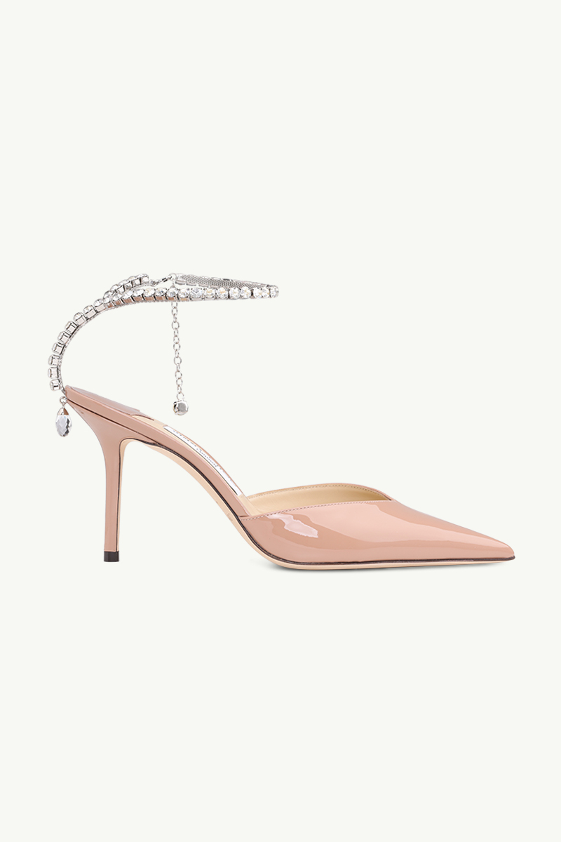 JIMMY CHOO Saeda Ankle Crystal Strap Heels 85mm in Ballet Pink Patent 0