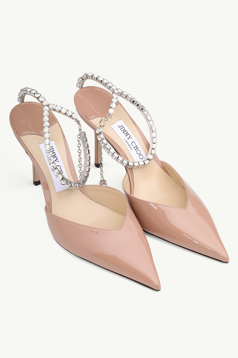 JIMMY CHOO Saeda Ankle Crystal Strap Heels 85mm in Ballet Pink Patent 1