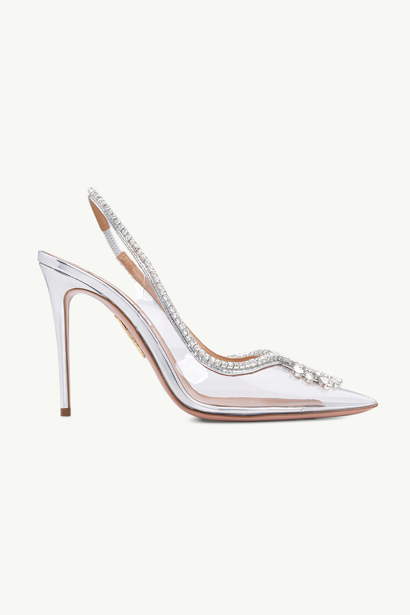 AQUAZZURA Seduction Crystal Slingback Pump 105mm in Silver Mirrored Leather 0