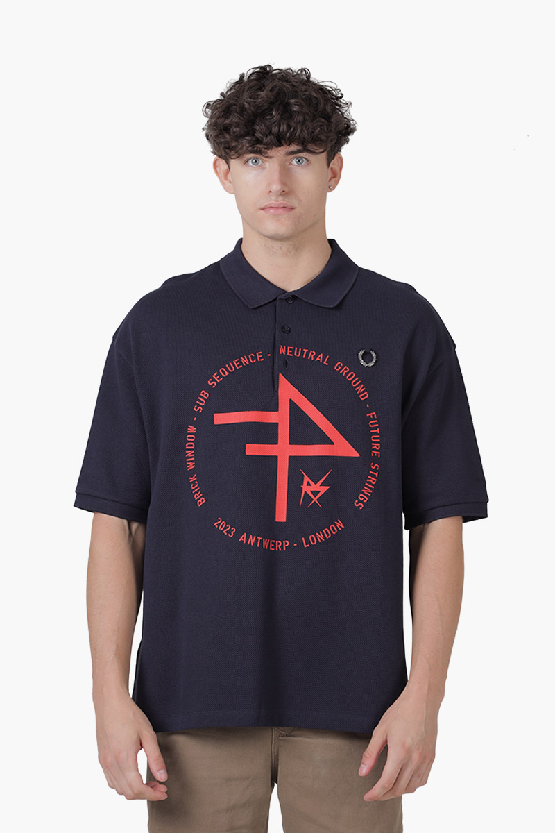 FRED PERRY X RAF SIMONS Men Oversized Printed Polo Shirt in Navy Blue 0