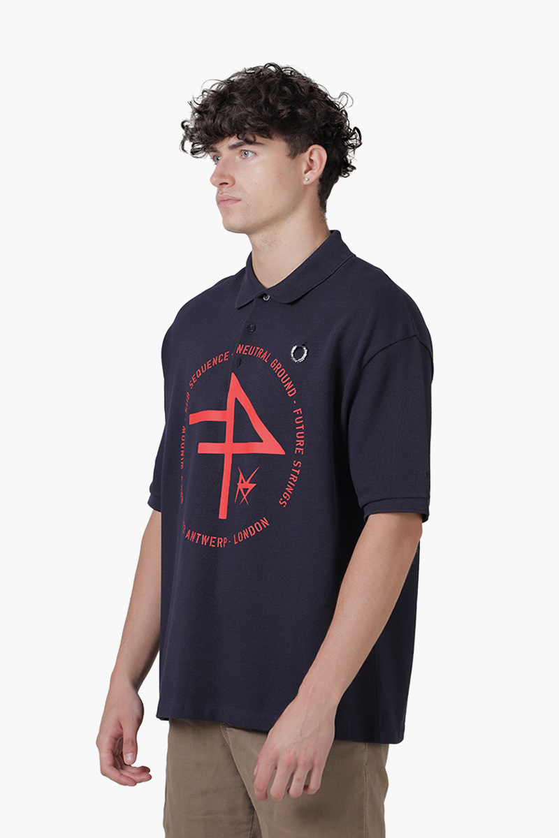 FRED PERRY X RAF SIMONS Men Oversized Printed Polo Shirt in Navy Blue 2