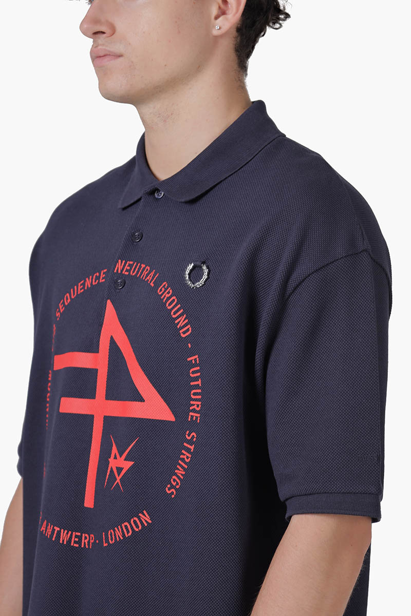 FRED PERRY X RAF SIMONS Men Oversized Printed Polo Shirt in Navy Blue 3