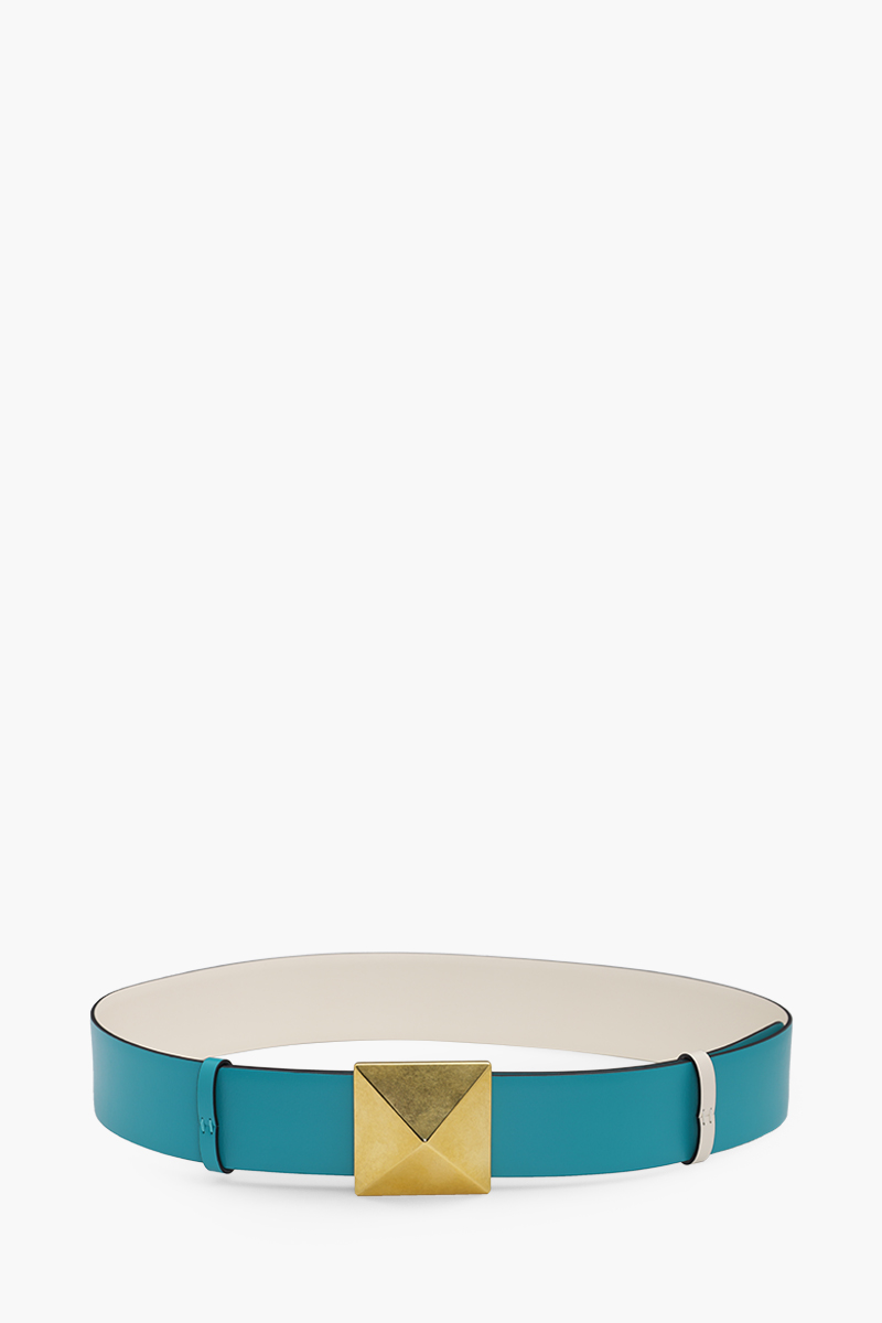 VALENTINO One Stud Reversible Belt 40mm in Light Ivory/Turquoise Calfskin 1