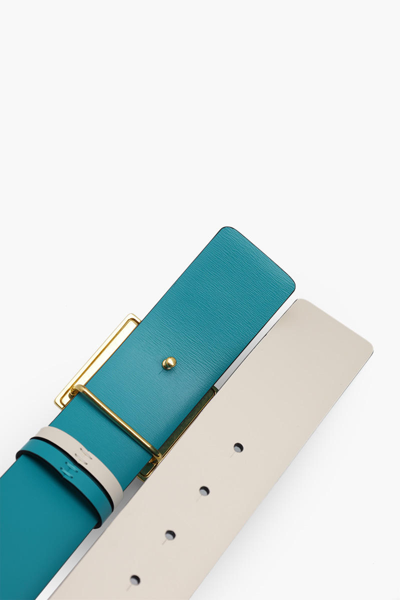 VALENTINO One Stud Reversible Belt 40mm in Light Ivory/Turquoise Calfskin 4