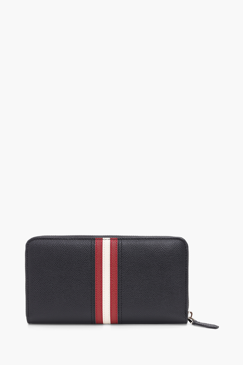 BALLY Telen Zip Around Wallet in Black Bovine Leather with Stripe 1