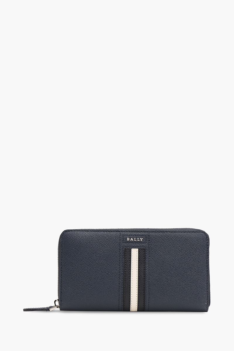 BALLY Telen Zip Around Wallet in New Blue Bovine Leather with Stripe 0