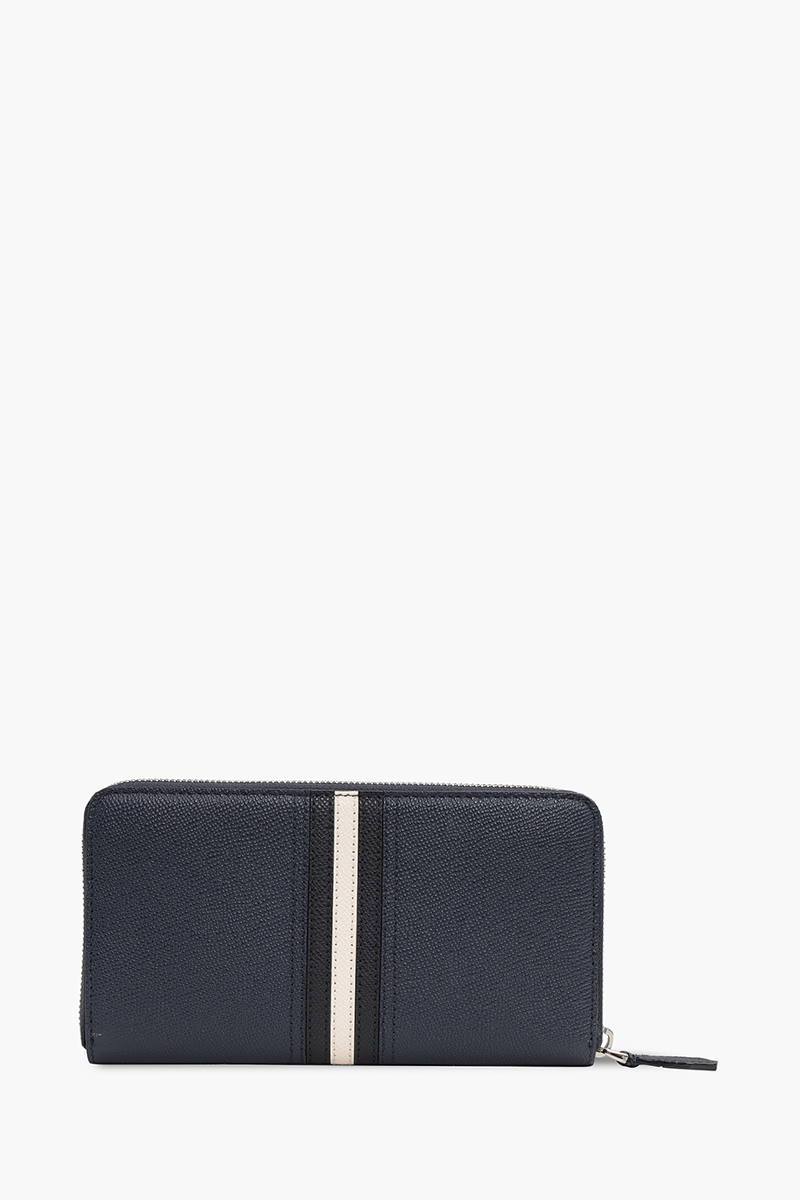 BALLY Telen Zip Around Wallet in New Blue Bovine Leather with Stripe 1