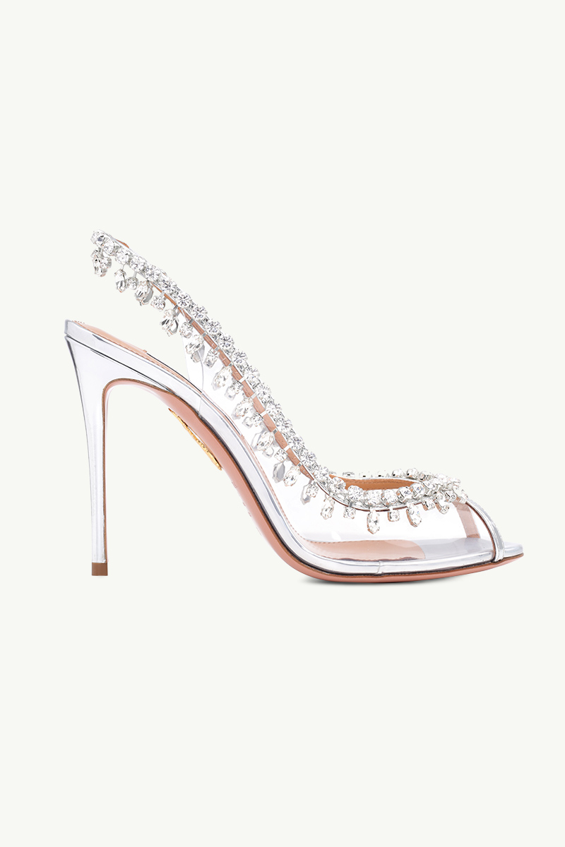 AQUAZZURA Temptation Crystal Slingback Sandals 105mm in Silver Nappa Leather 0