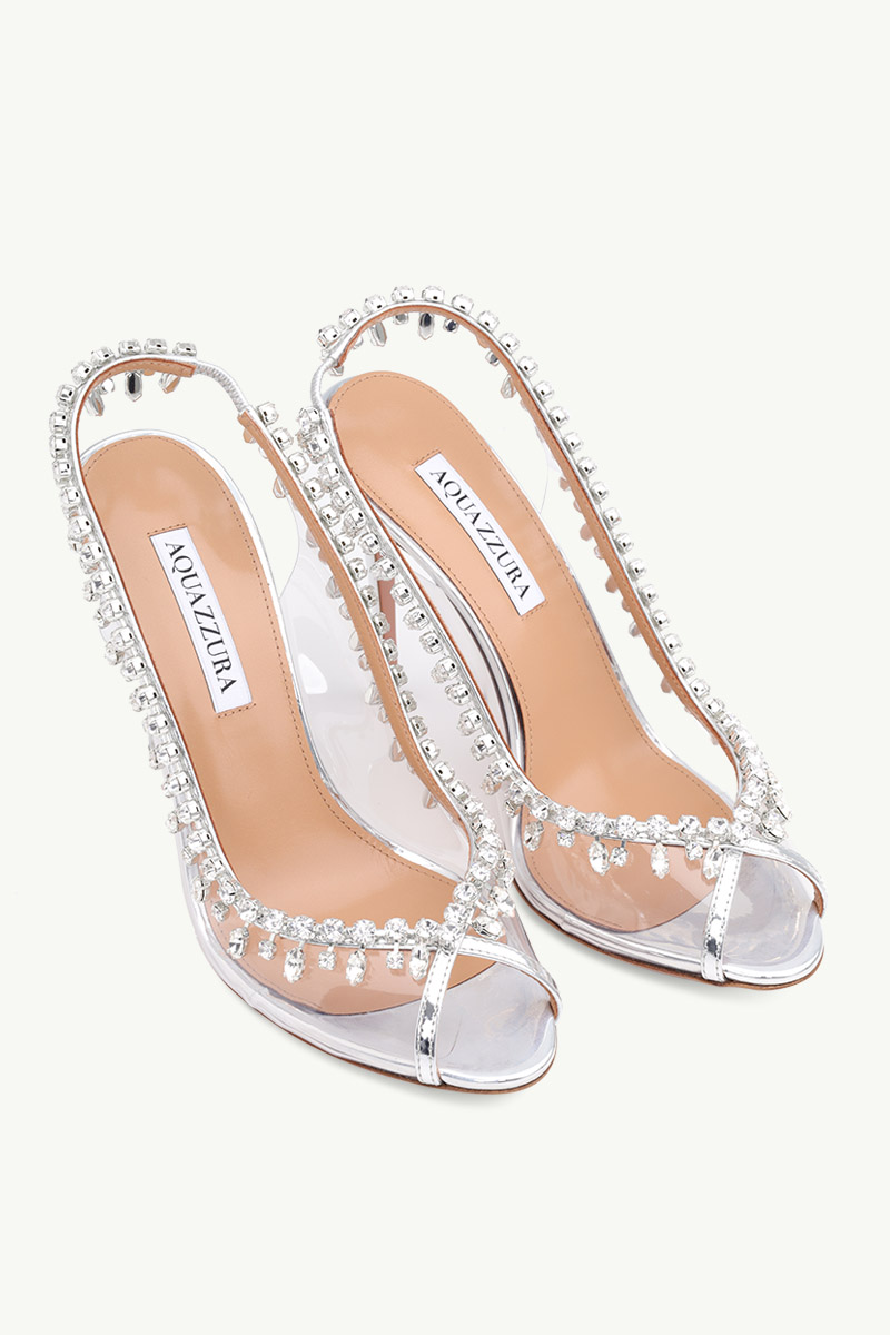 AQUAZZURA Temptation Crystal Slingback Sandals 105mm in Silver Nappa Leather 1