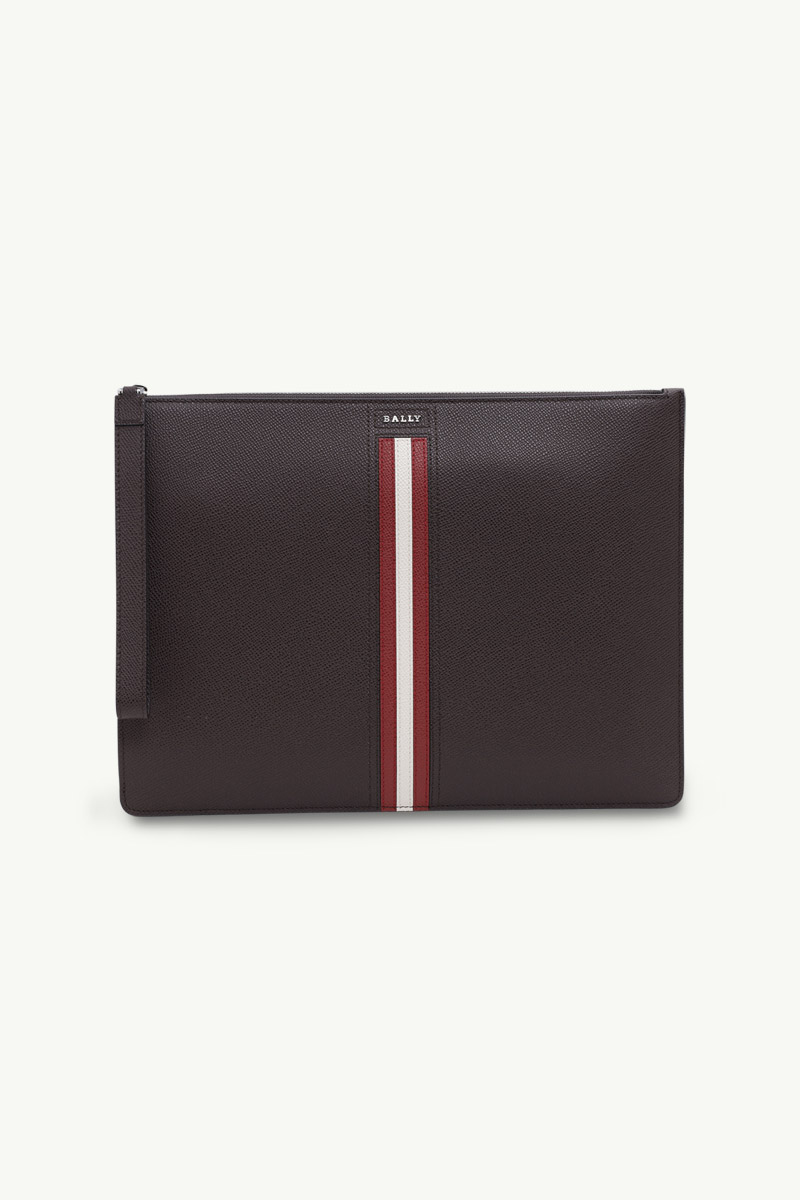 BALLY Men Thalden Clutch in Coffee/Red/White Bovine Leather with Stripe 0