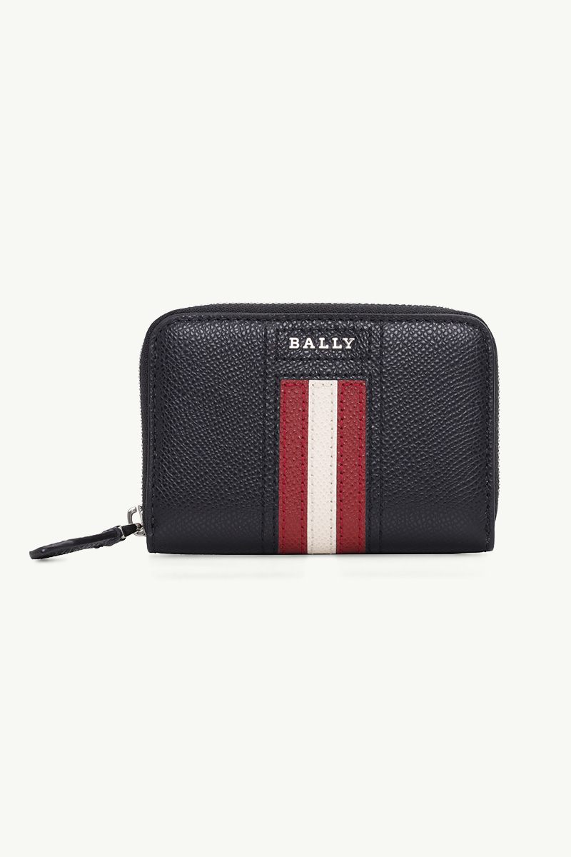 BALLY Tivy Coin Wallet in Black Embossed Bovine Leather with Stripe 0