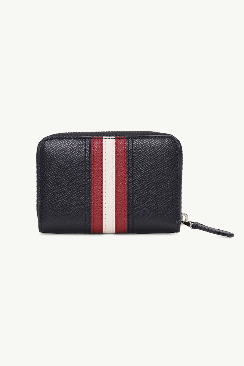 BALLY Tivy Coin Wallet in Black Embossed Bovine Leather with Stripe 1