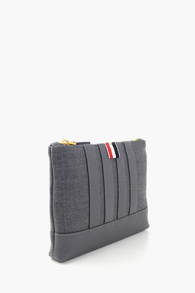 THOM BROWNE 4 Bar Stripes Zip Pouch in Med Grey Wool  1