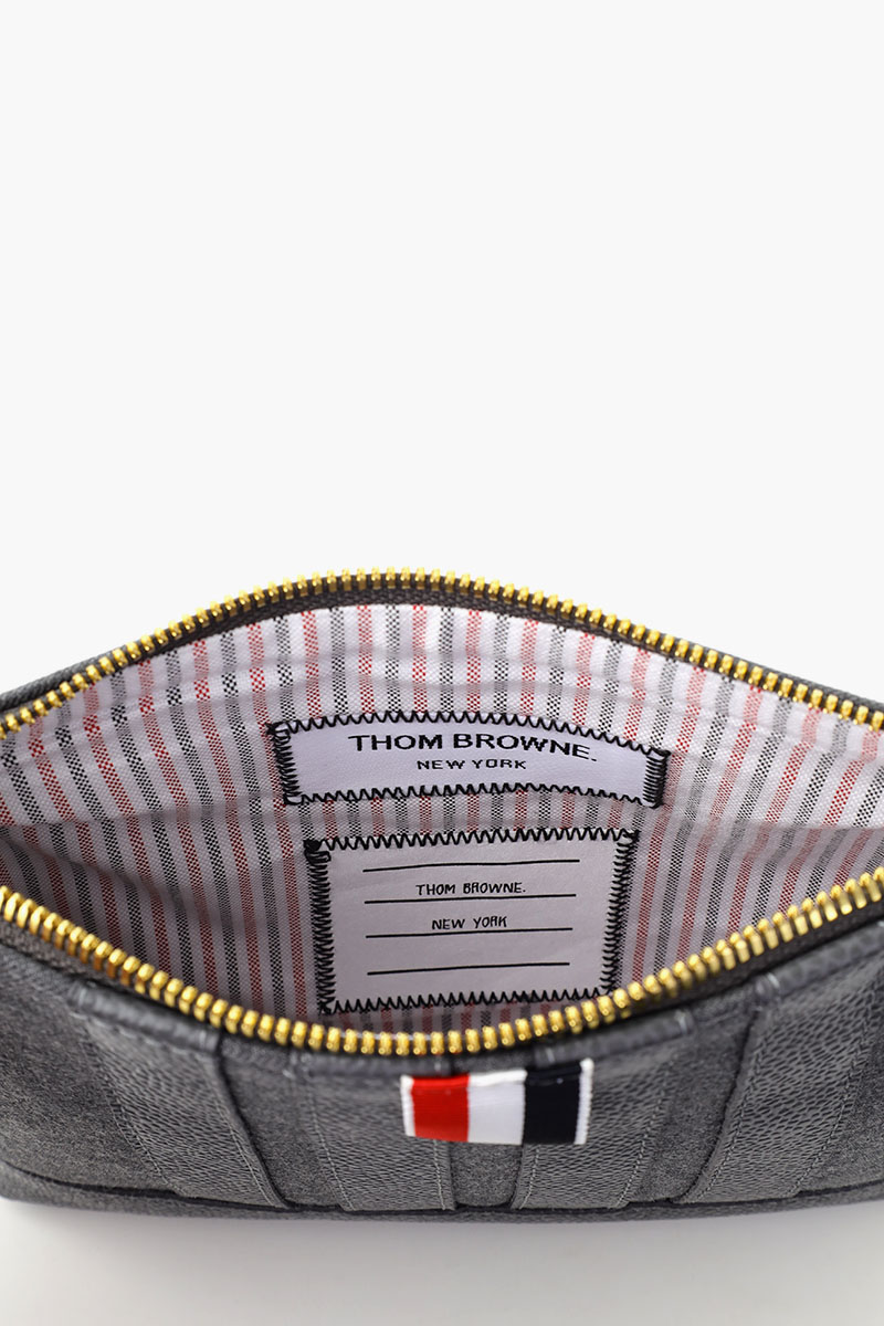 THOM BROWNE 4 Bar Stripes Zip Pouch in Med Grey Wool  3