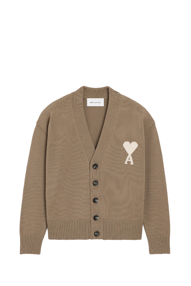 AMI Unisex Ami De Coeur Knit Cardigan in Taupe Beige/Off White Wool Cotton  0