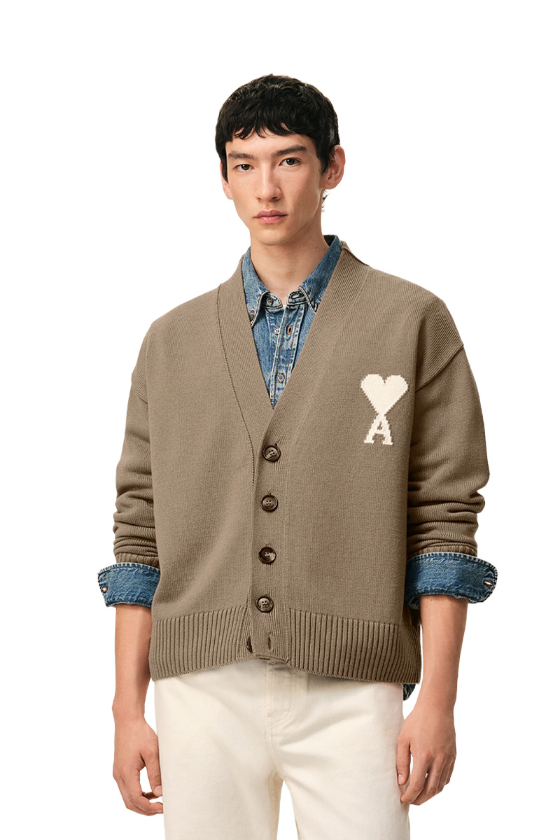 AMI Unisex Ami De Coeur Knit Cardigan in Taupe Beige/Off White Wool Cotton  1