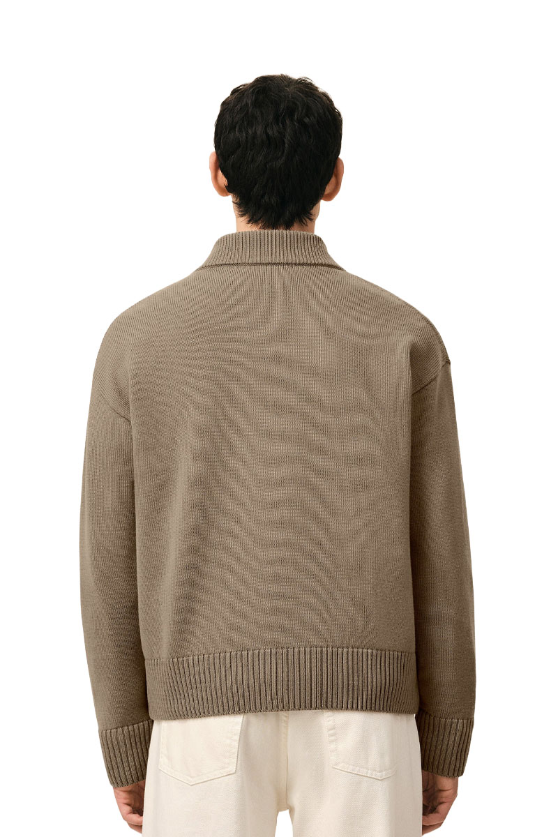 AMI Unisex Ami De Coeur Knit Cardigan in Taupe Beige/Off White Wool Cotton  2