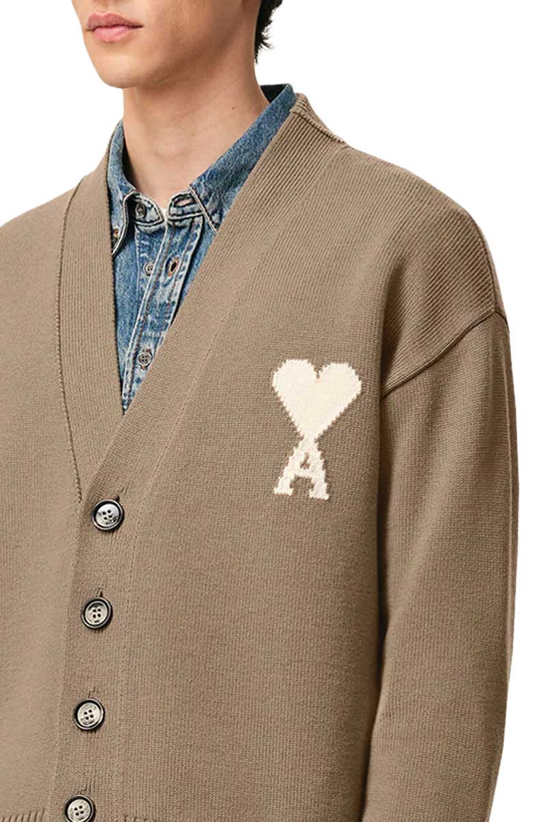 AMI Unisex Ami De Coeur Knit Cardigan in Taupe Beige/Off White Wool Cotton  3