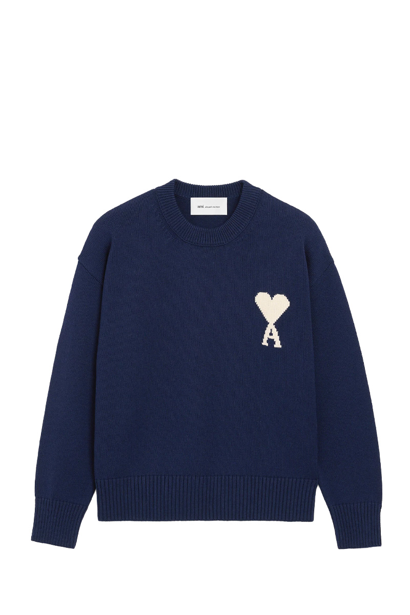 AMI Unisex Ami De Coeur Crewneck Sweater in Ink/Off White Wool-Cotton 0