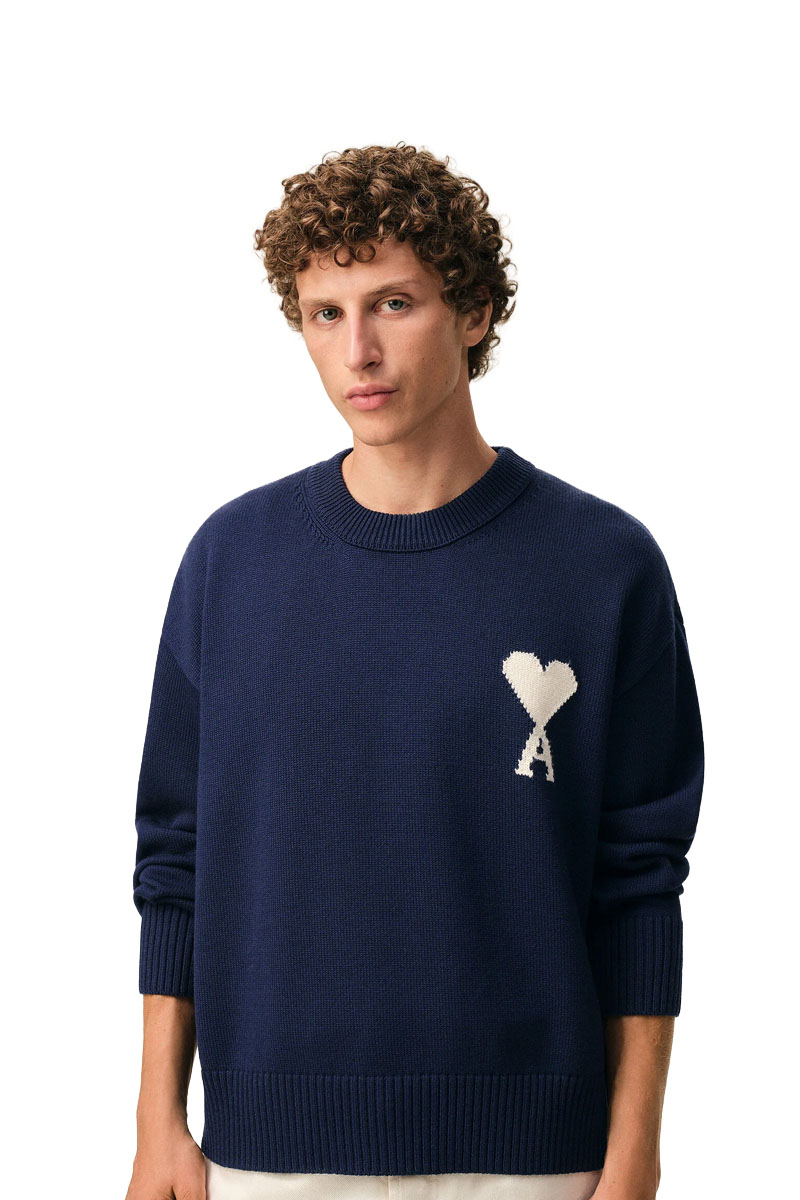 AMI Unisex Ami De Coeur Crewneck Sweater in Ink/Off White Wool-Cotton 1