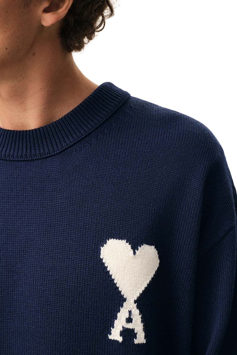 AMI Unisex Ami De Coeur Crewneck Sweater in Ink/Off White Wool-Cotton 3