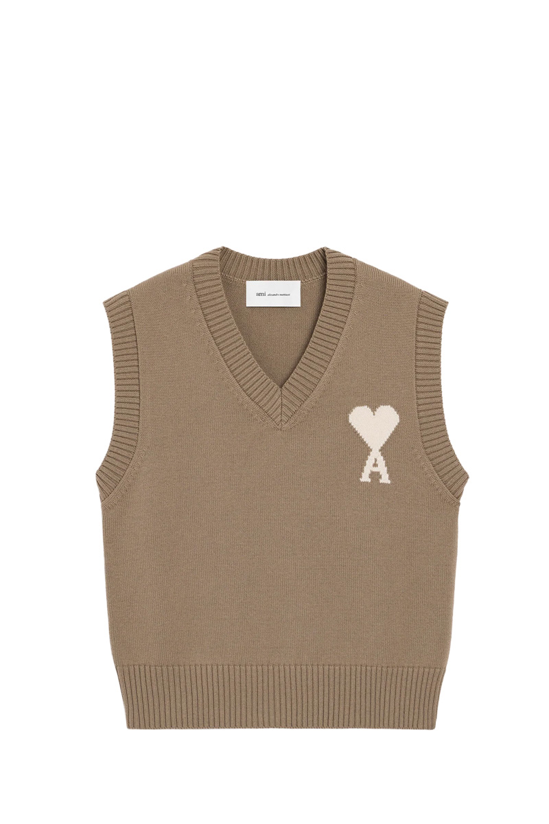 AMI Unisex Ami De Coeur Sleeveles Sweater in Taupe Beige/Off White Wool-Cotton 0
