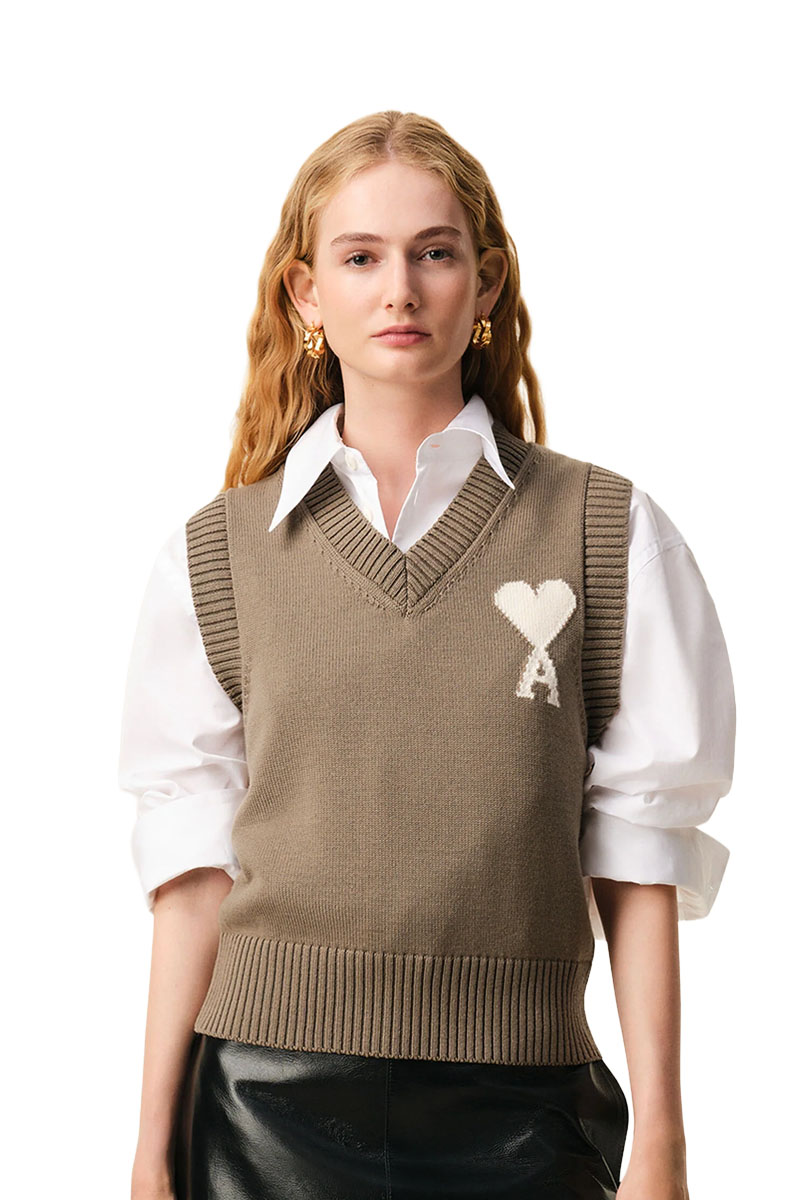 AMI Unisex Ami De Coeur Sleeveles Sweater in Taupe Beige/Off White Wool-Cotton 1