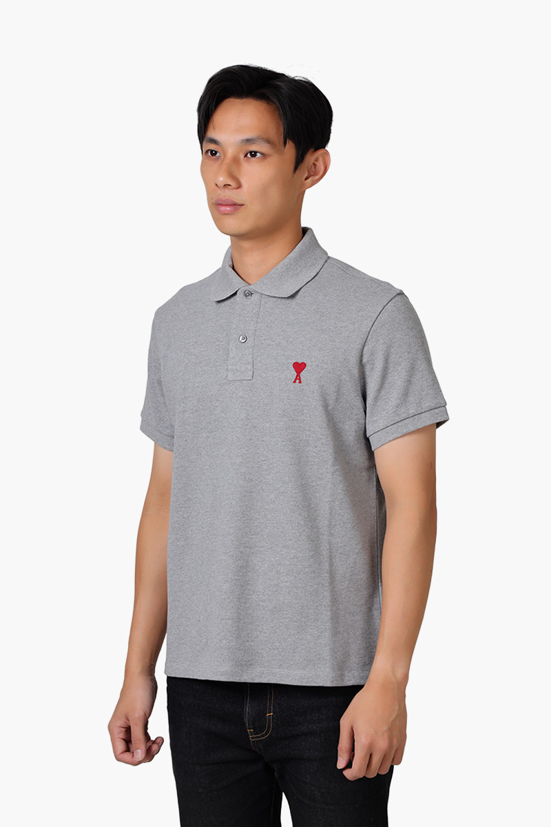 AMI Unisex Ami de Coeur Friend Of Heart Polo Shirt in Grey Organic Cotton Pique 2