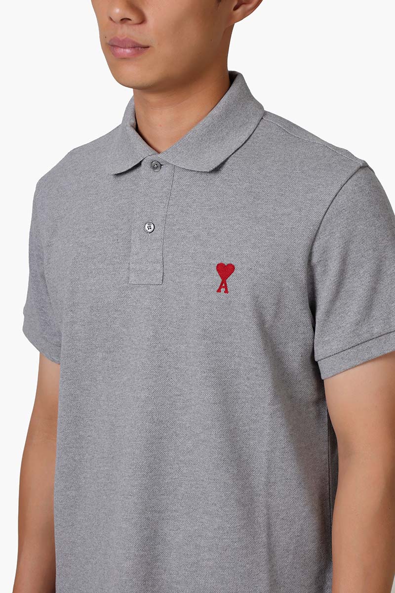 AMI Unisex Ami de Coeur Friend Of Heart Polo Shirt in Grey Organic Cotton Pique 3