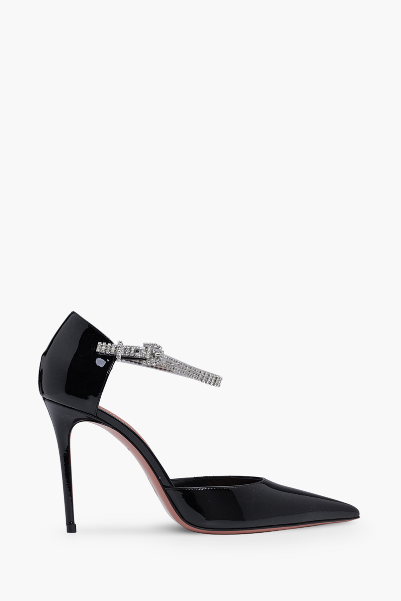 AMINA MUADDI Women Ursina Ankle Strap Pumps 95mm in Black Patent with Crystals 0