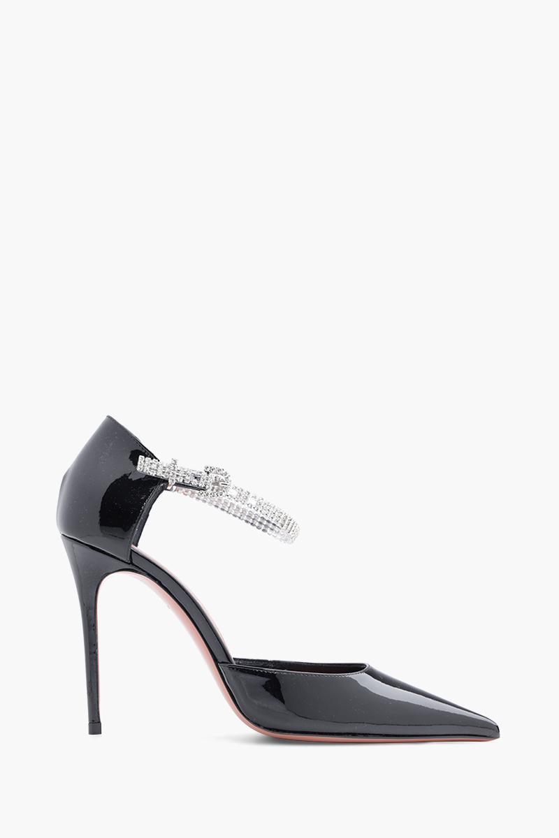 AMINA MUADDI Women Ursina Ankle Strap Pumps 105mm Black Patent with Crystals 0