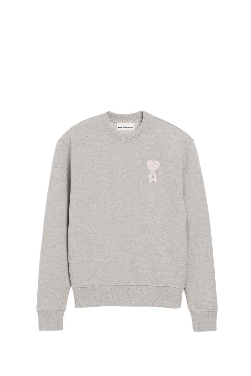 AMI Unisex Ami De Coeur Crochet Patch Knitted Sweatshirt in Ash Grey/White Cream Cotton 0