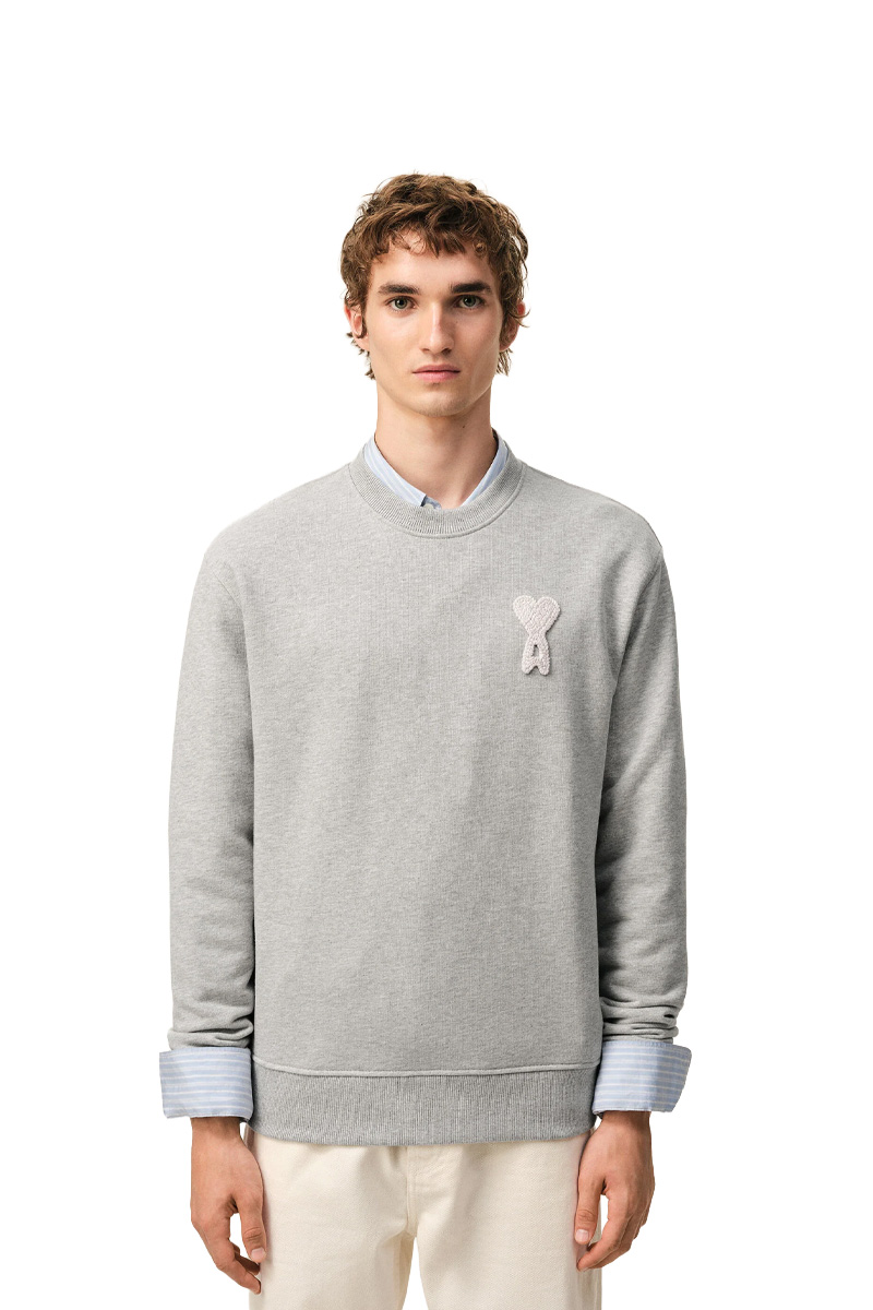 AMI Unisex Ami De Coeur Crochet Patch Knitted Sweatshirt in Ash Grey/White Cream Cotton 1