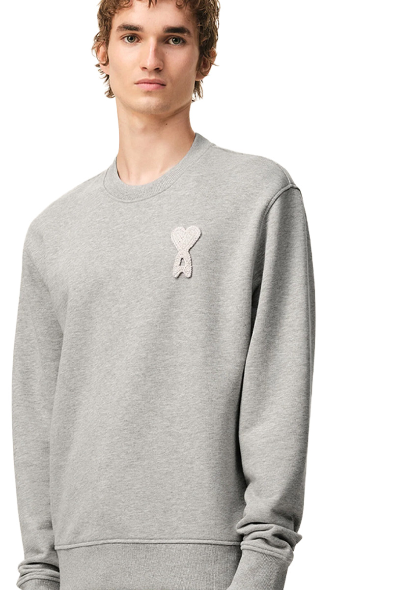 AMI Unisex Ami De Coeur Crochet Patch Knitted Sweatshirt in Ash Grey/White Cream Cotton 3