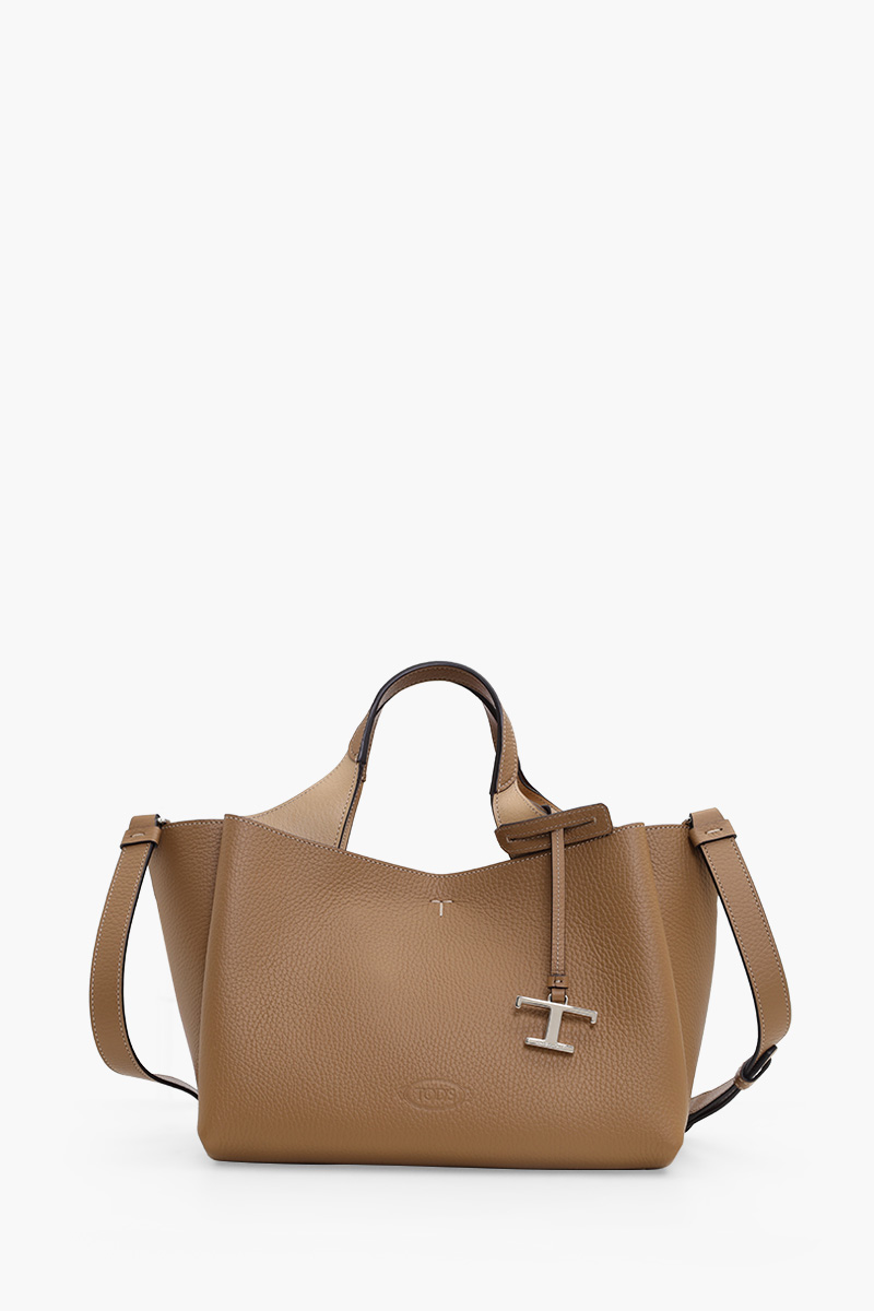 TOD'S Mini Logo Stamped Shoulder Bag in Natural Brown Grain Leather with Metal Decoration 0