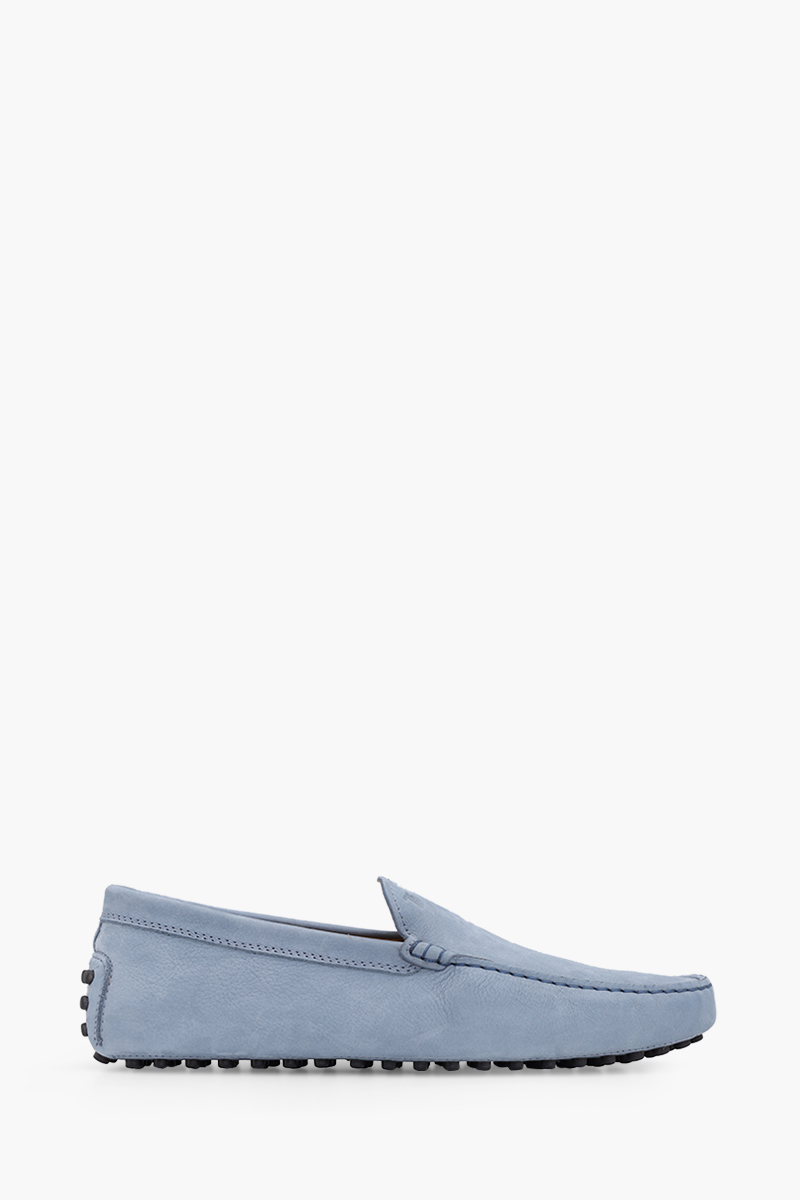 TOD'S Men Gommino Driving Shoes in Light Blue Nubuck with Stamped Monogram 0