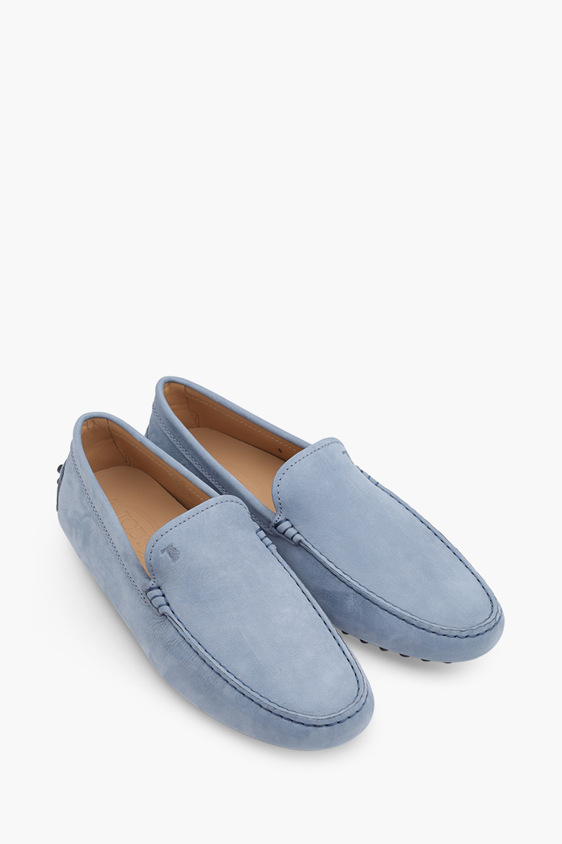 TOD'S Men Gommino Driving Shoes in Light Blue Nubuck with Stamped Monogram 1