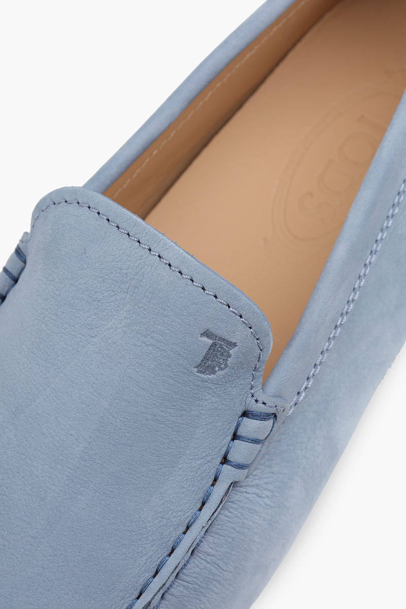 TOD'S Men Gommino Driving Shoes in Light Blue Nubuck with Stamped Monogram 4