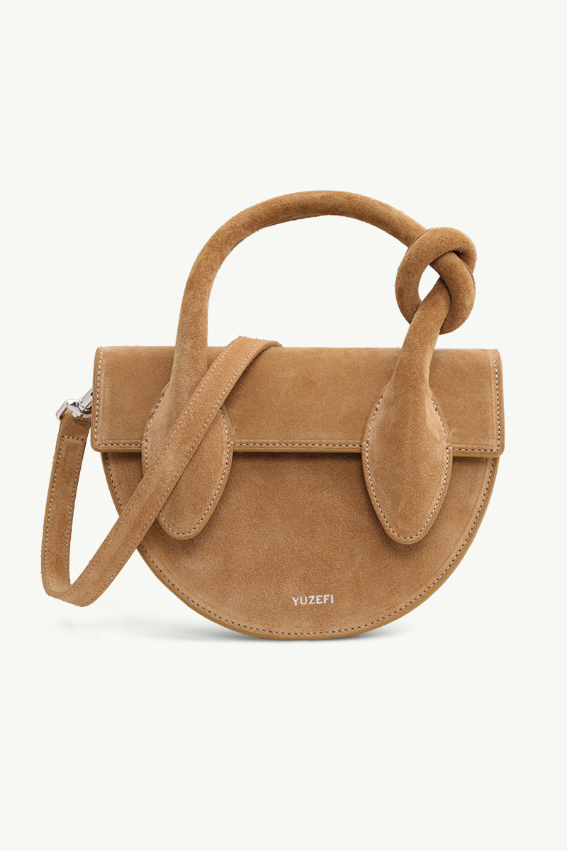 YUZEFI Pretzel Knotted Tote Bag in Butterscotch Suede 0