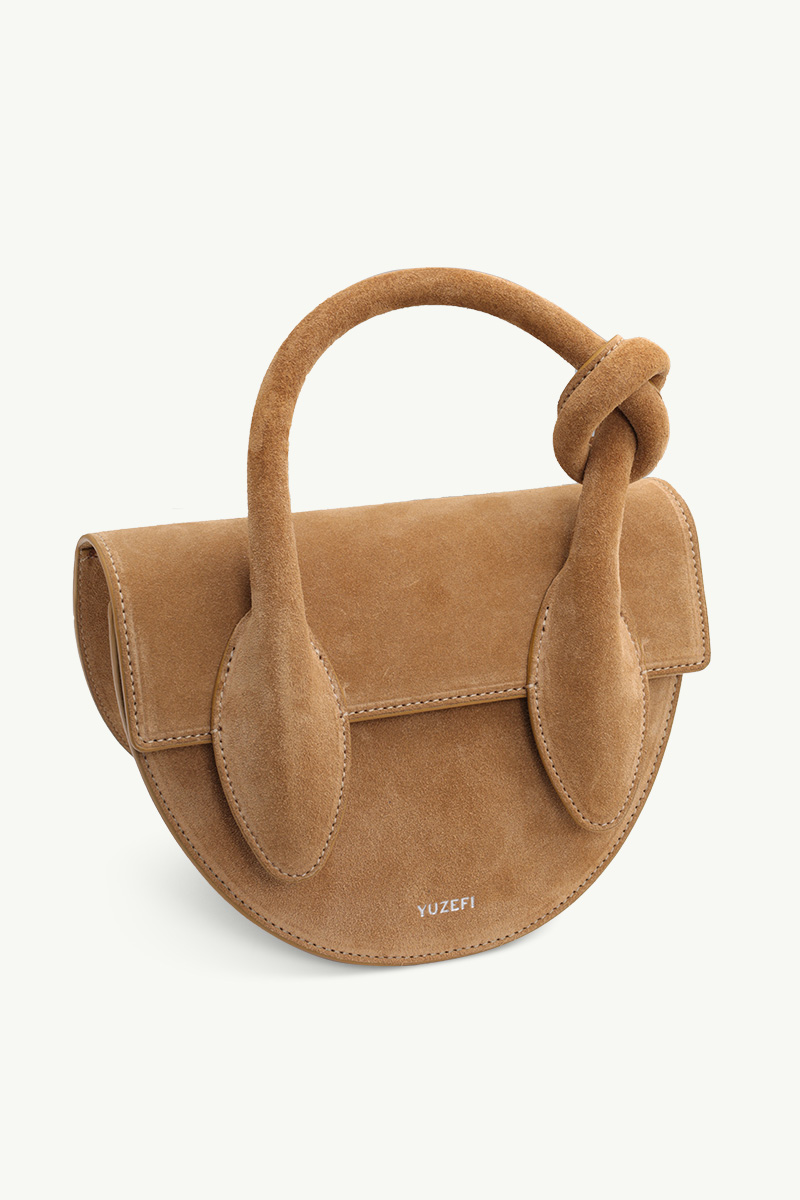 YUZEFI Pretzel Knotted Tote Bag in Butterscotch Suede 2